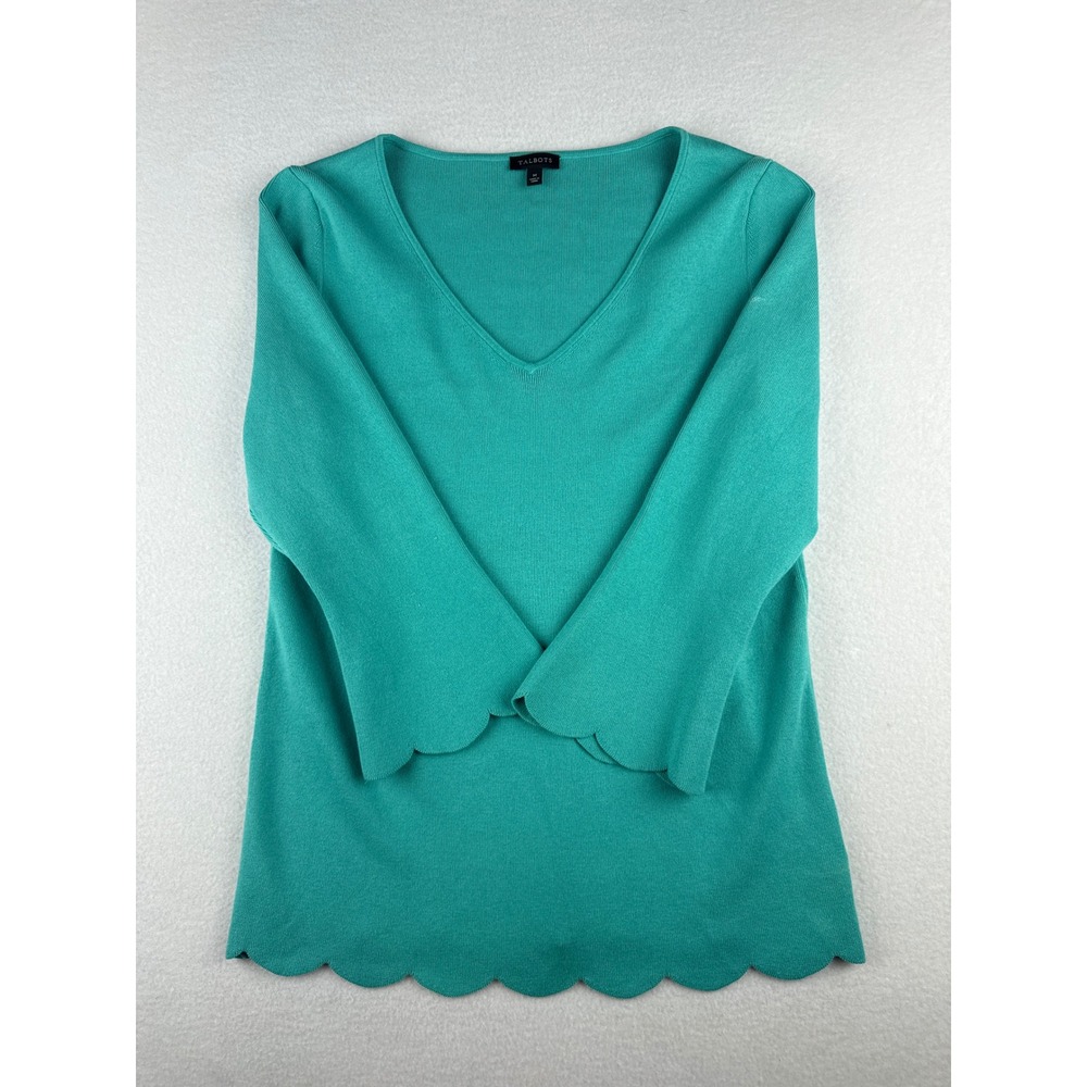 Talbots Womens Teal Green Scalloped V-Neck 3/4 Sleeve Ribbed Sweater Size M